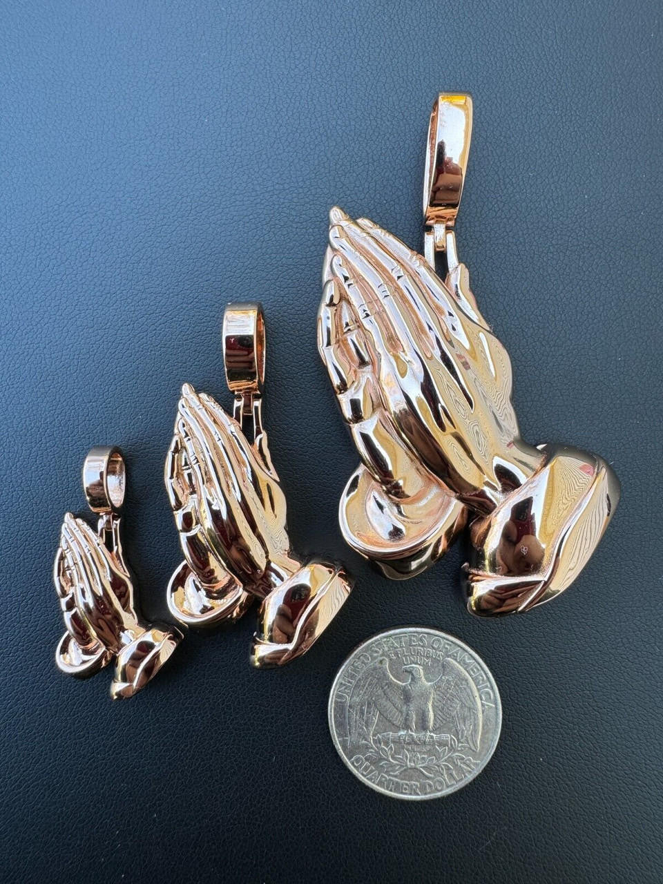 Praying Folded Hands Religious Pendant - 14k Rose Gold Vermeil 925 Silver - 3 Sizes 1.25"-2.75"