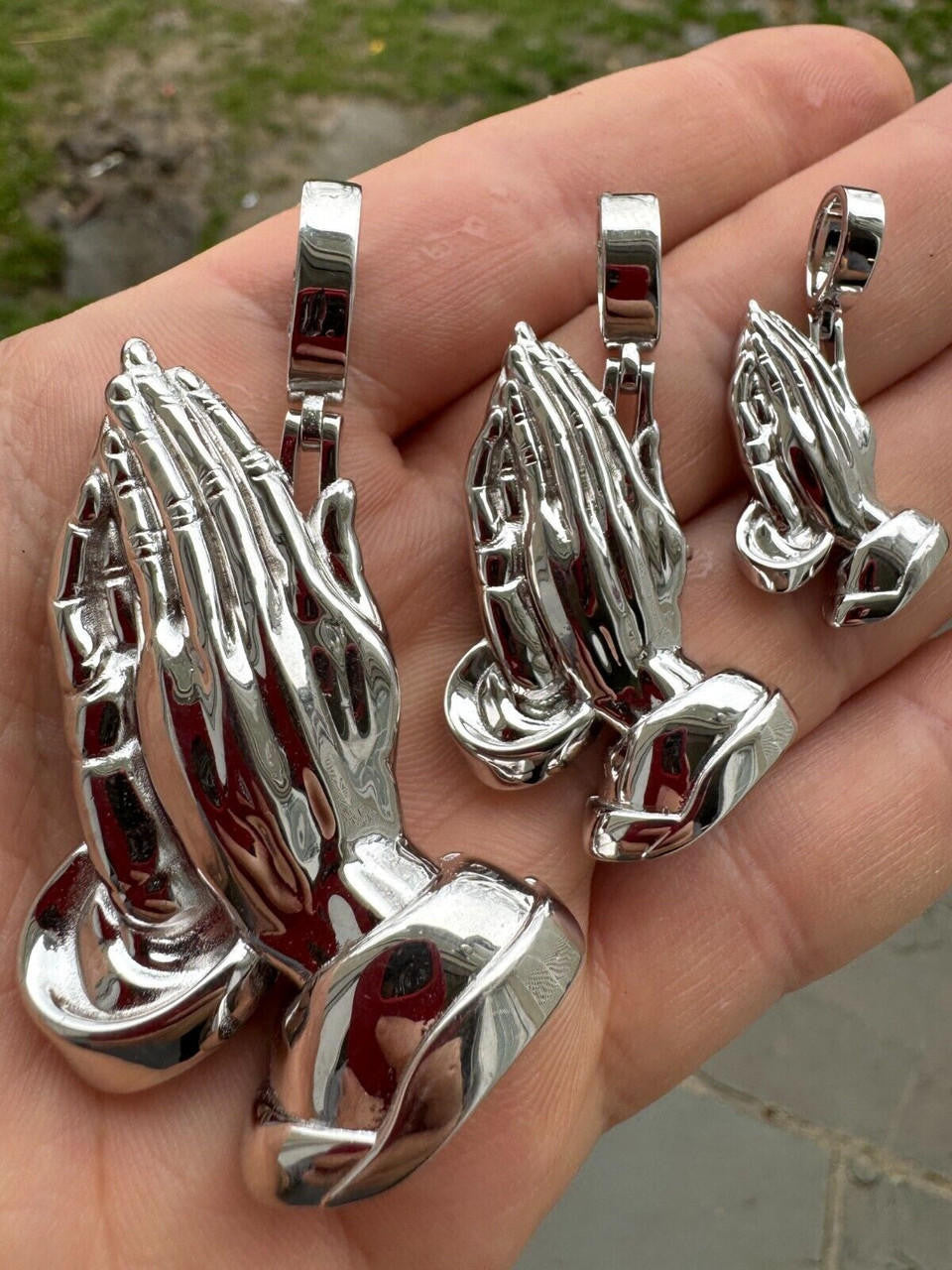 Praying Folded Hands Religious Pendant - 925 Silver - 3 Sizes 1.25"-2.75"