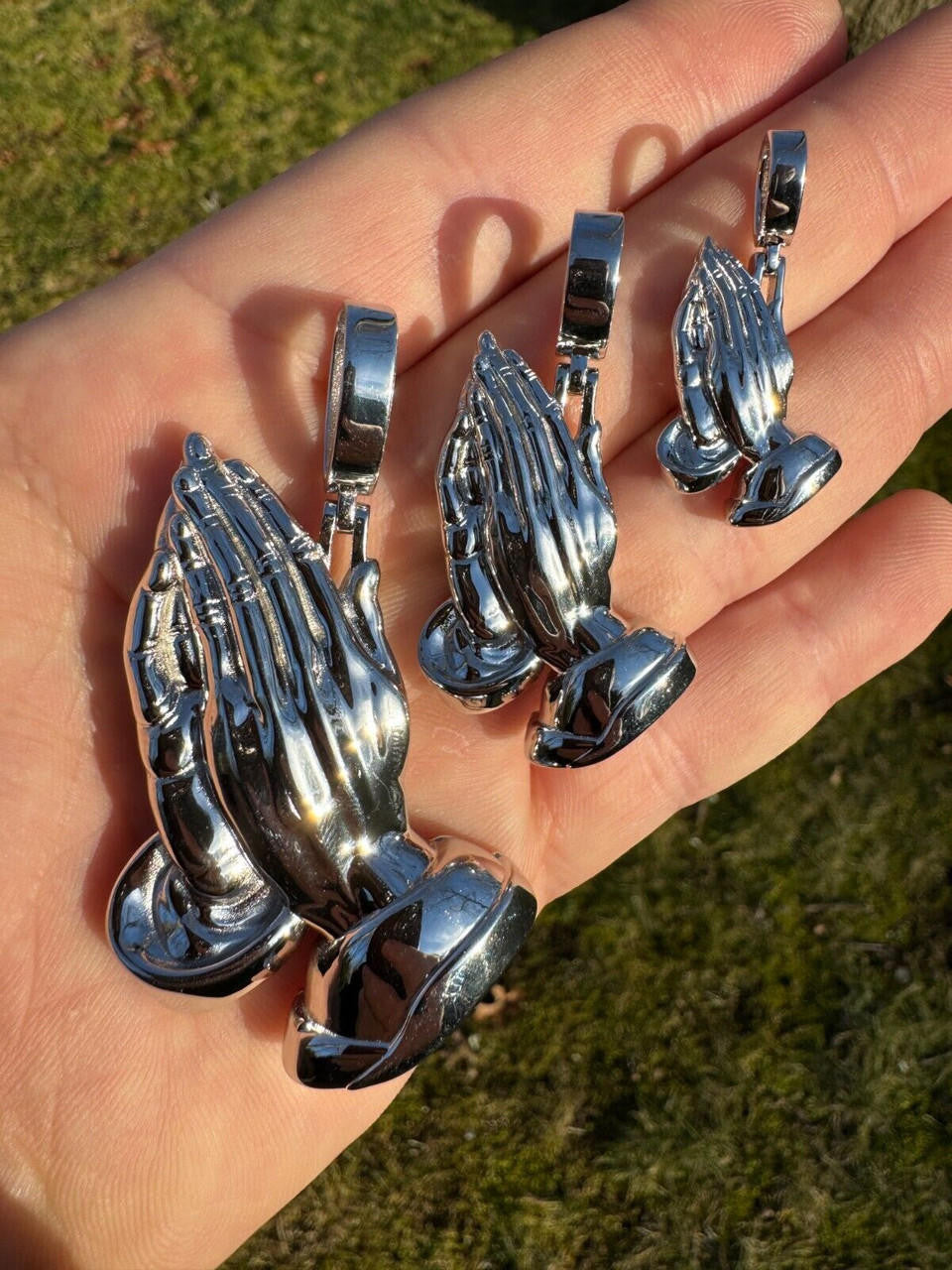Praying Folded Hands Religious Pendant - 925 Silver - 3 Sizes 1.25"-2.75"