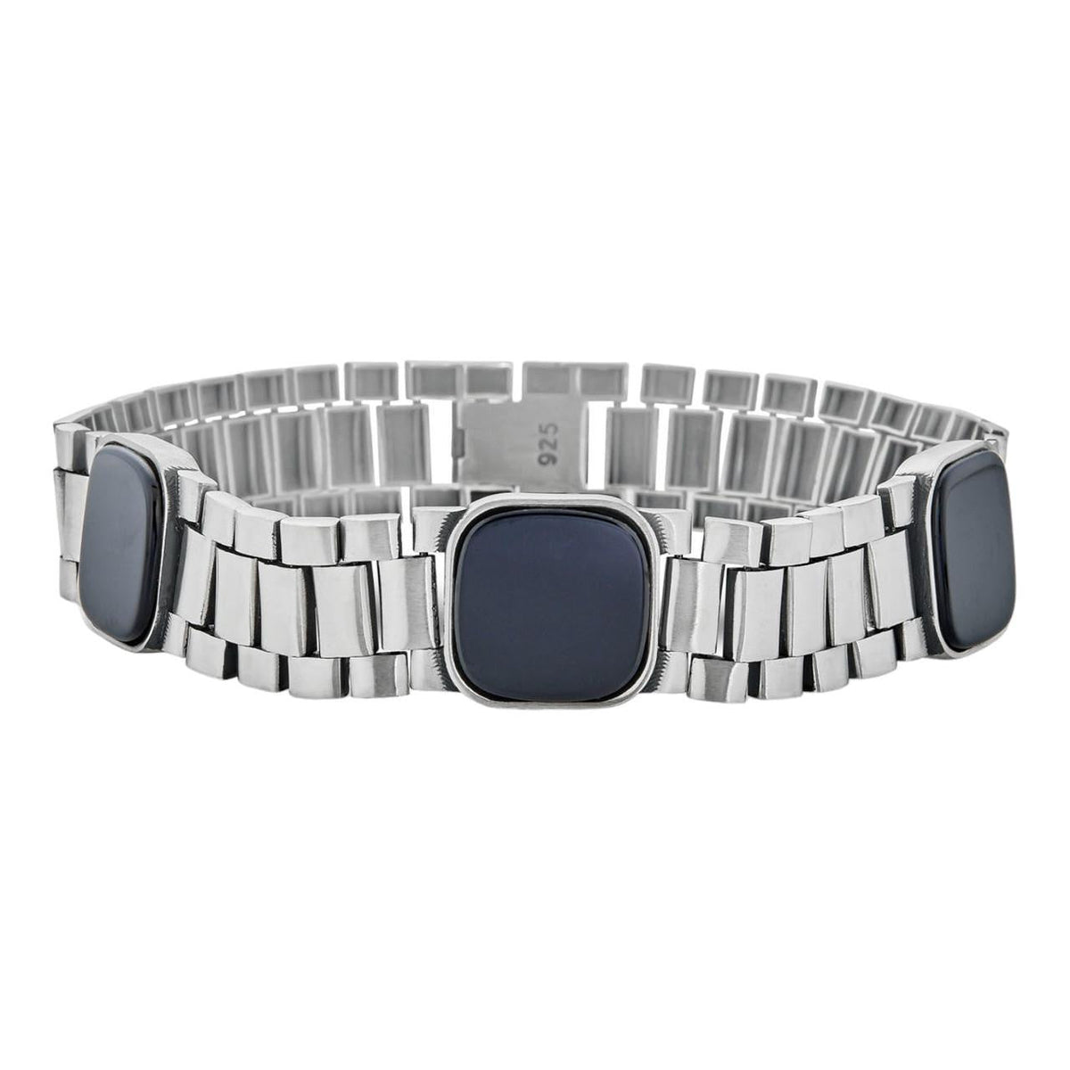 Presidential Bracelet W. Natural Black Onyx Motifs - 925 Sterling Silver Oxidized Gunmetal - 7"-9" - 15mm