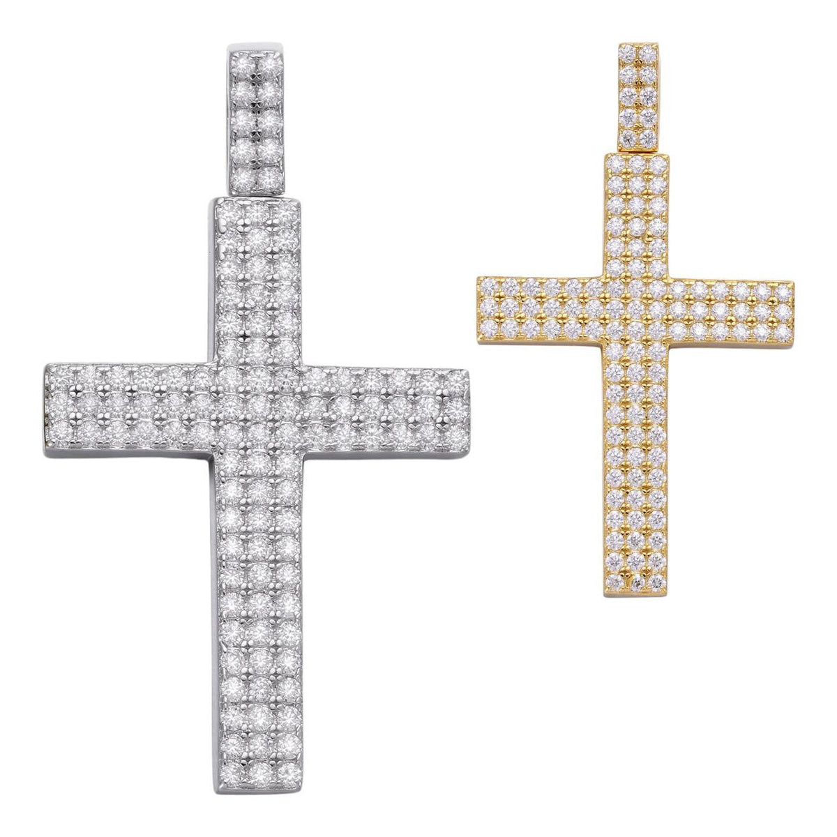 Prong Set Iced Out Cross Pendant - 14k Gold Vermeil or 925 Silver - CZ Stones - Medium 2"