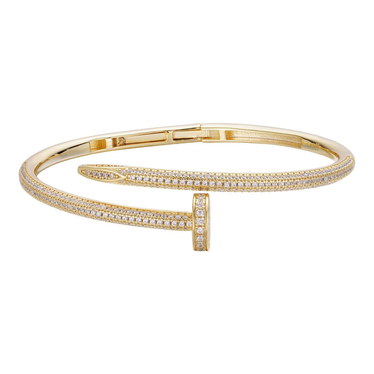 Nail Bangle Bracelet Iced Out CZ Stones - 14k Gold Vermeil 925 Silver - 6"-7.5"