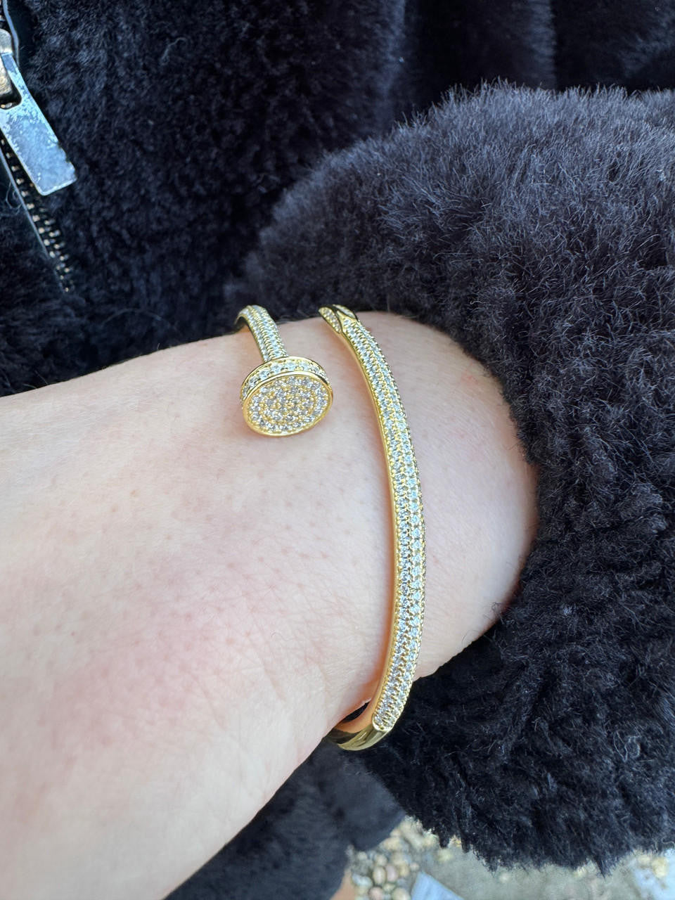 Nail Bangle Bracelet Iced Out CZ Stones - 14k Gold Vermeil 925 Silver - 6"-7.5"