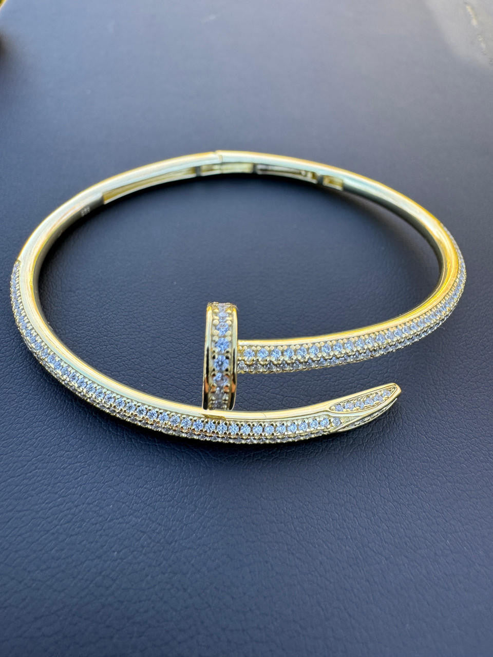 Nail Bangle Bracelet Iced Out CZ Stones - 14k Gold Vermeil 925 Silver - 6"-7.5"