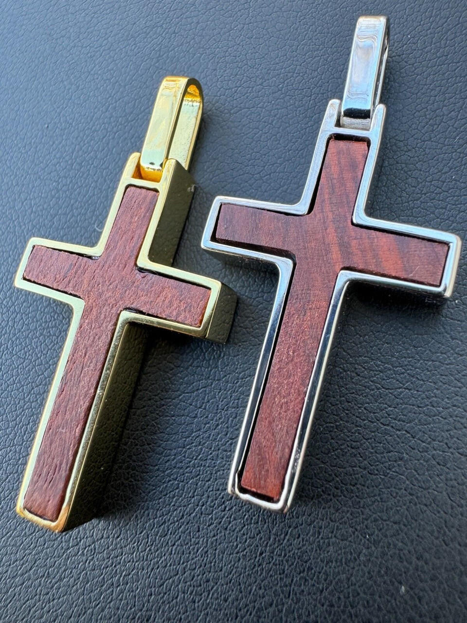 Wood Inlay Plain Religious Cross Pendant - 14k Gold Vermeil Or 925 Silver - Small 1.5"