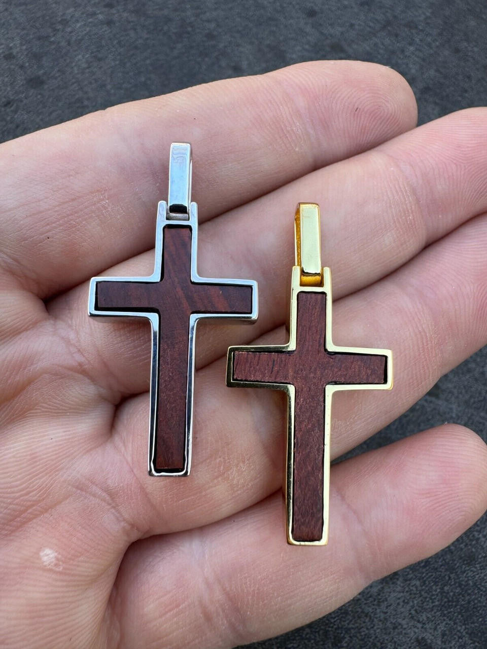 Wood Inlay Plain Religious Cross Pendant - 14k Gold Vermeil Or 925 Silver - Small 1.5"