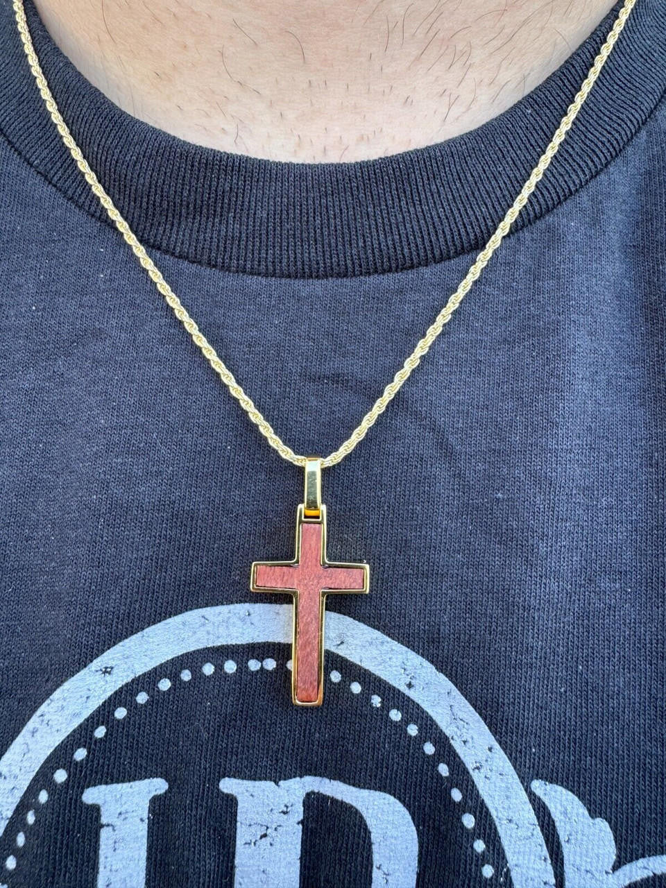 Wood Inlay Plain Religious Cross Pendant - 14k Gold Vermeil Or 925 Silver - Small 1.5"