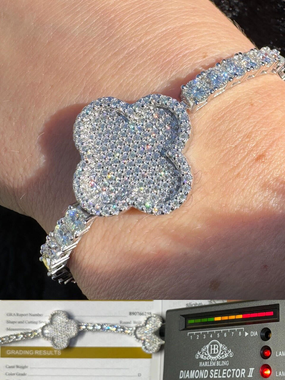 MOISSANITE Large Clover Tennis Bracelet Iced Out - 925 Silver - 4mm - 6"-8.5"