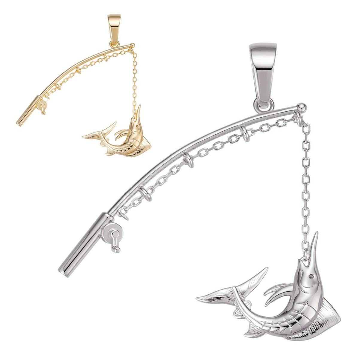 Real Large Mens 925 Silver / Gold Fishing Pendant Rod & Marlin Fish Necklace