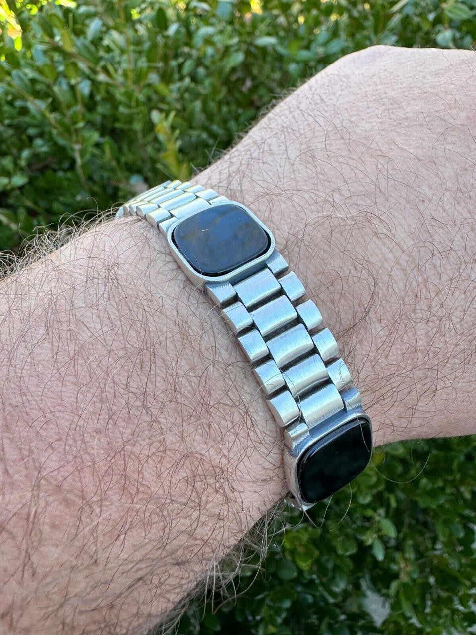 Presidential Bracelet W. Natural Black Onyx Motifs - 925 Sterling Silver Oxidized Gunmetal - 7"-9" - 15mm