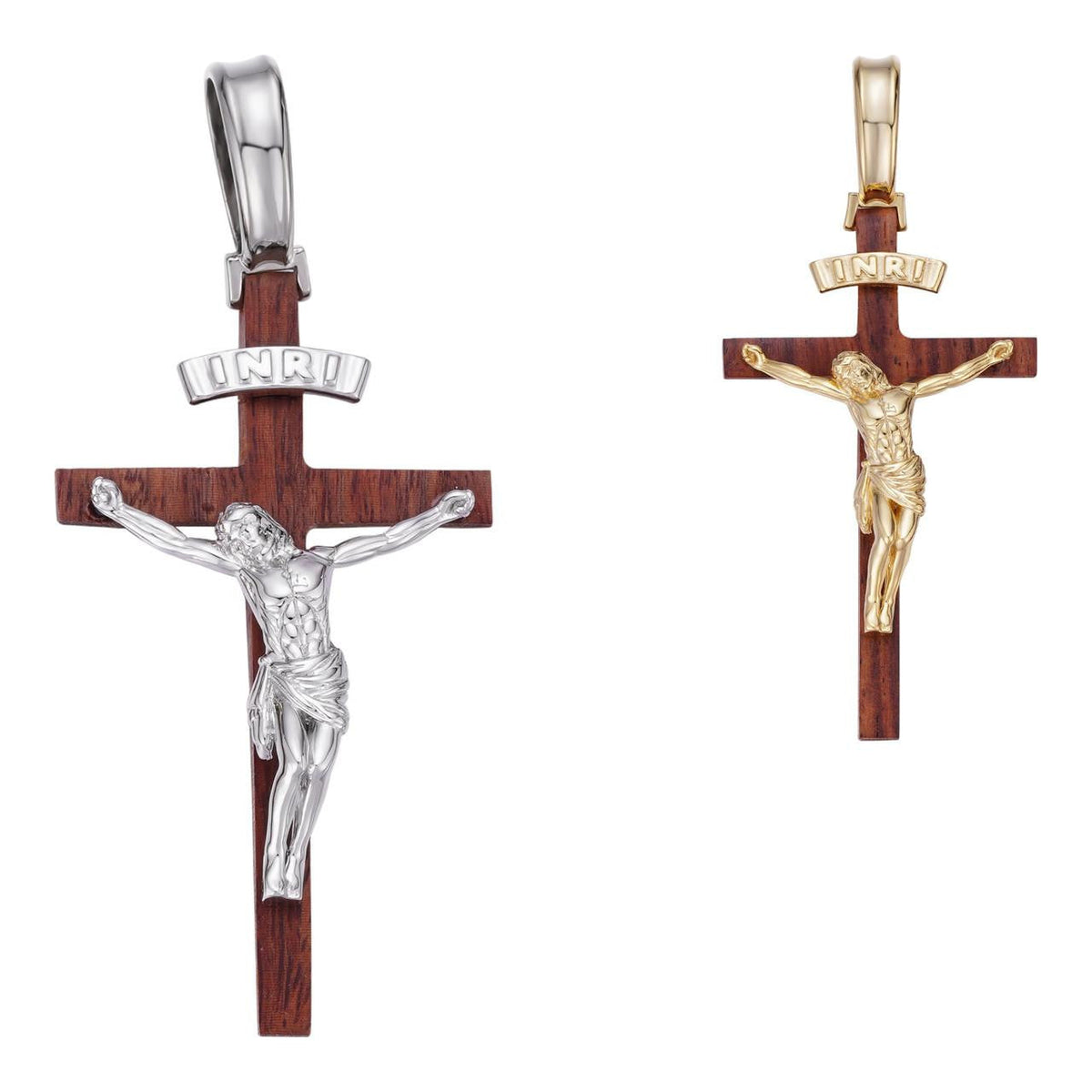 Red Cherry Walnut Wood PlainJesus Cross Pendant - 14k Gold Vermeil Or 925 Silver - Large 2.5"