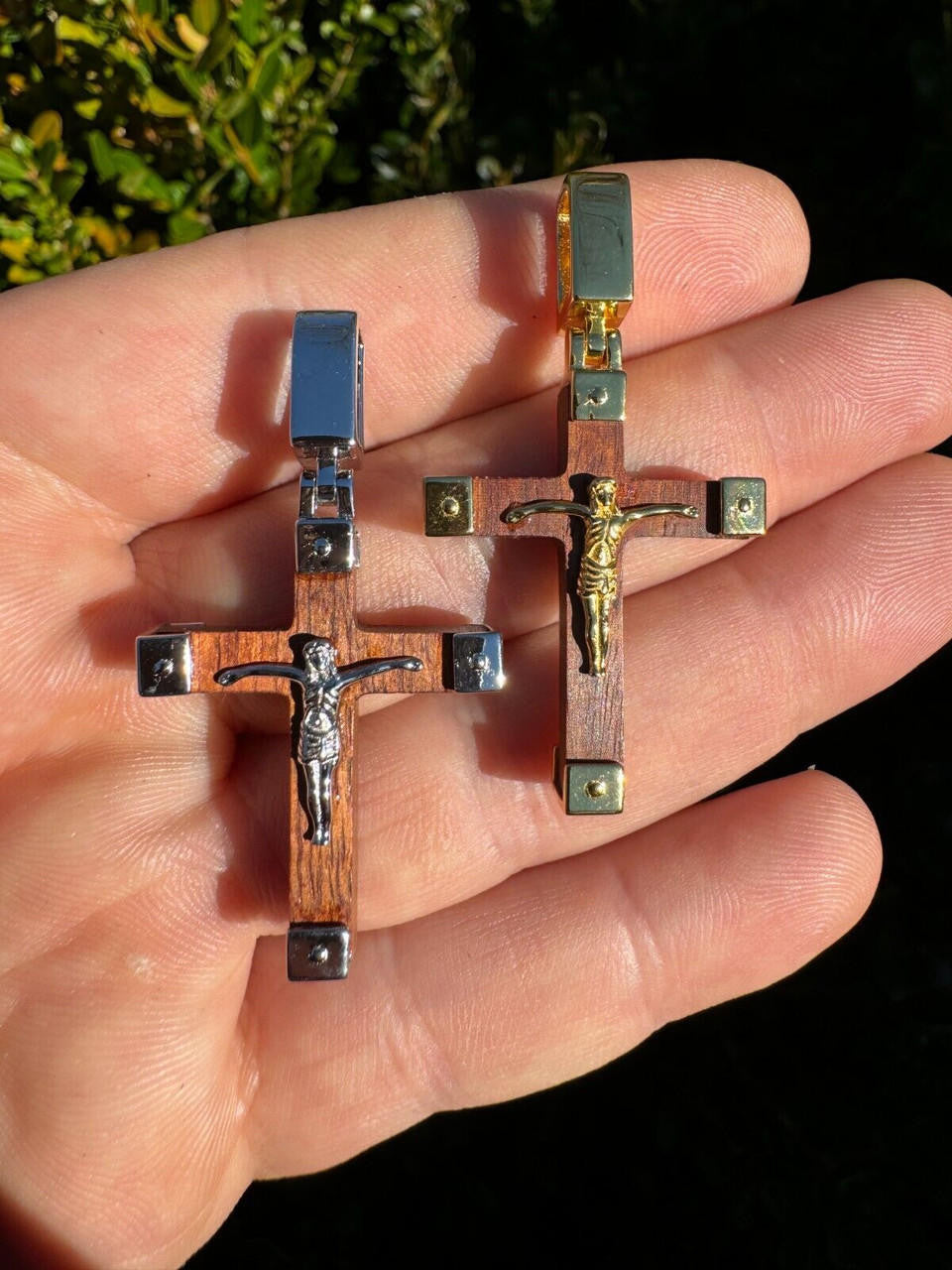 Natural Wood Plain Jesus Cross Pendant - 14k Gold Vermeil Or 925 Silver - Small 1.5"