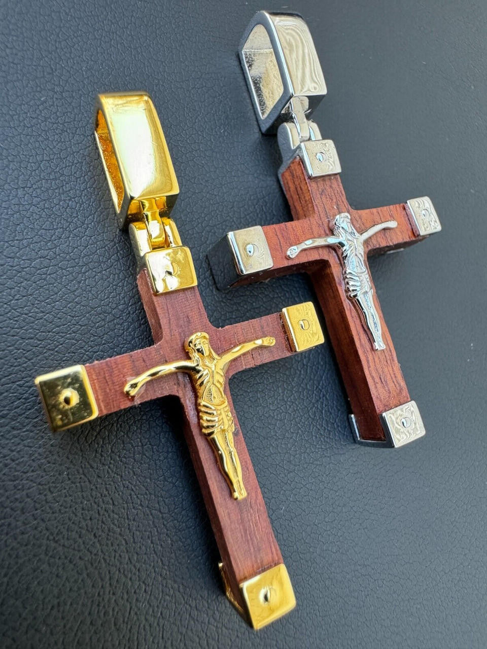 Natural Wood Plain Jesus Cross Pendant - 14k Gold Vermeil Or 925 Silver - Small 1.5"