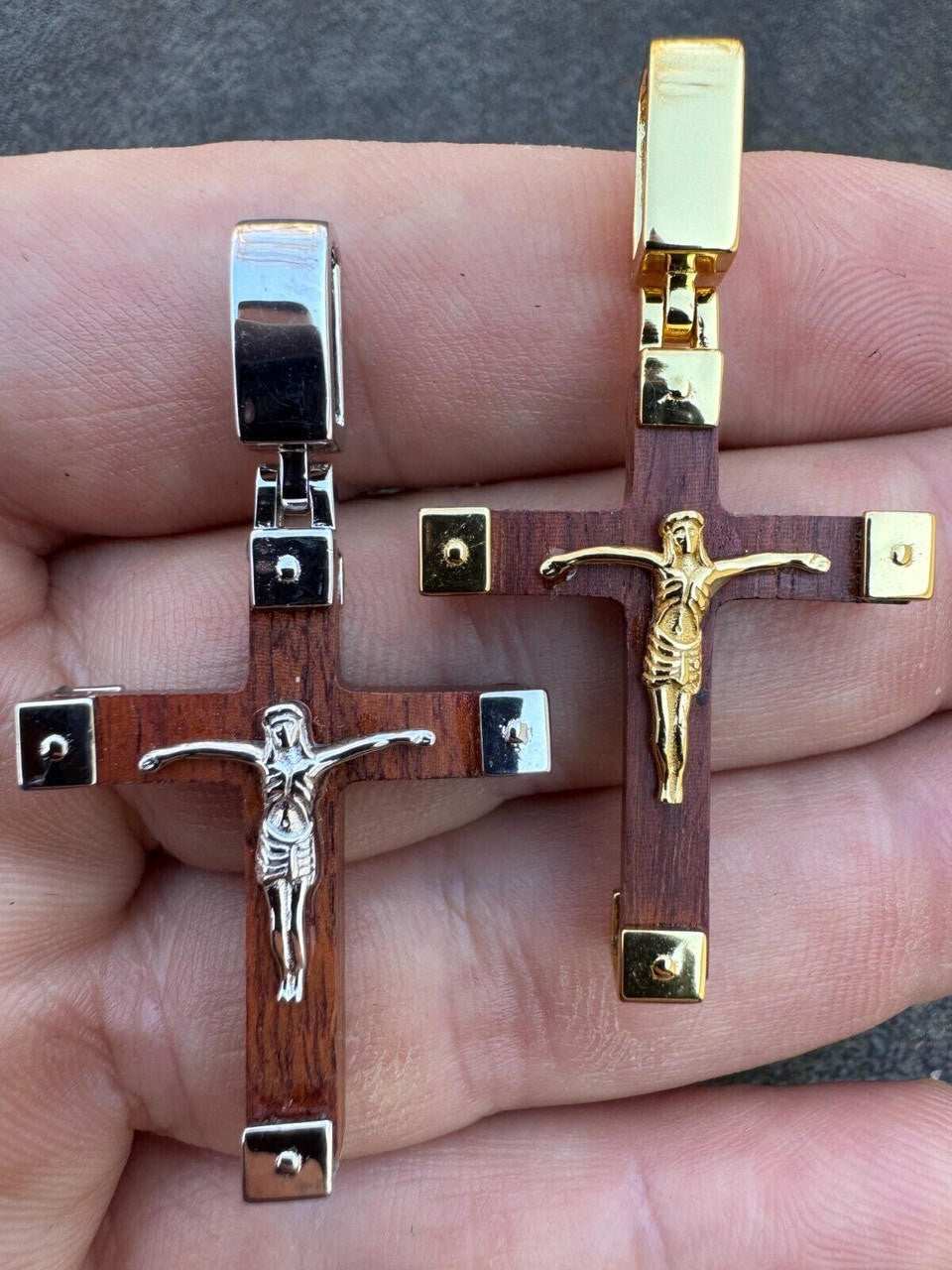 Natural Wood Plain Jesus Cross Pendant - 14k Gold Vermeil Or 925 Silver - Small 1.5"