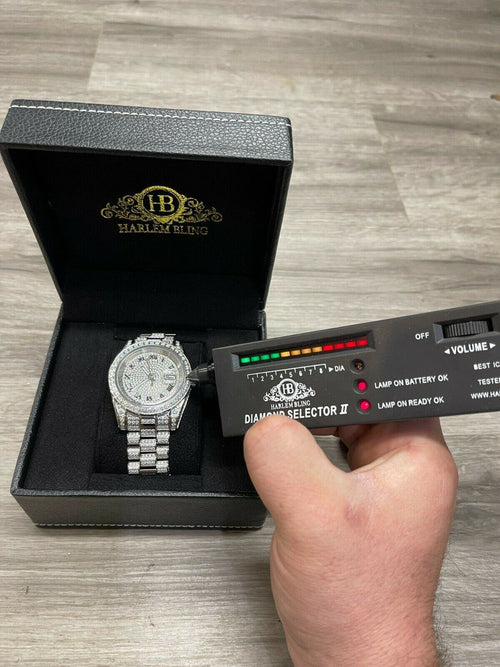 15ct MOISSANITE Mens Presidential Watch Iced Flooded Out Hip Hop Diamond Test 