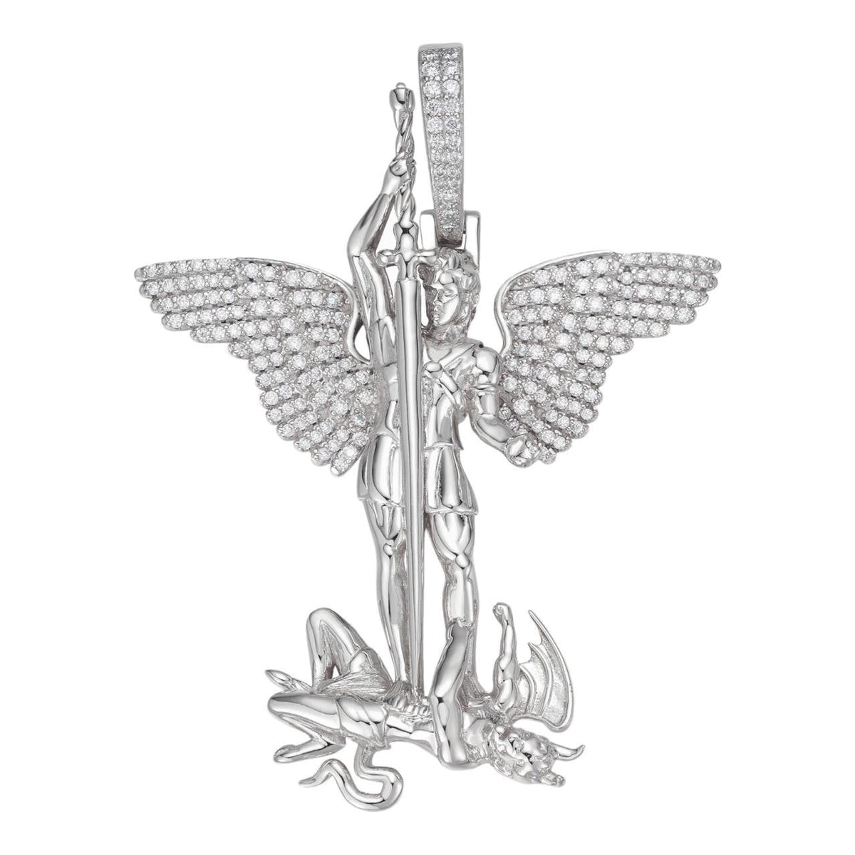 MOISSANITE Artwork Saint St Michael Slaying Dragon Archangel Pendant - 925 Silver - 3 Sizes 1"-3"