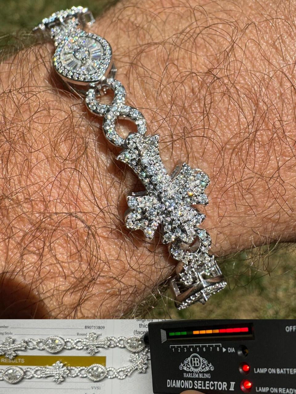 MOISSANITE Eternity Evil Eye Gothic Cross Link Bracelet Iced Out - 925 Silver - 14mm - 7.5"-8.5"