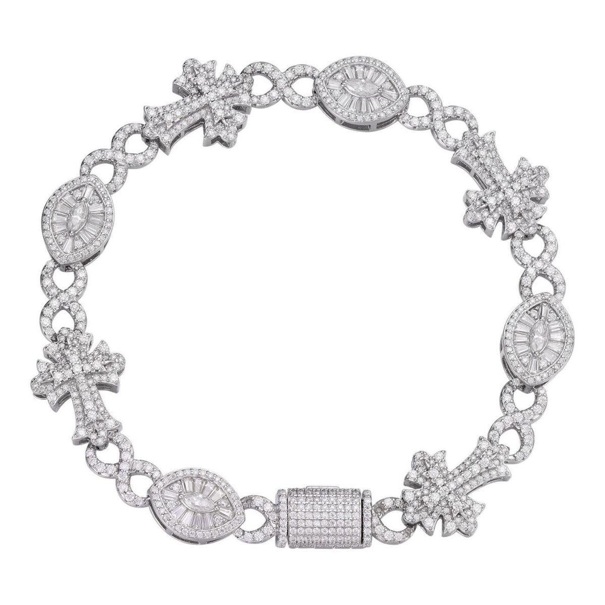 MOISSANITE Eternity Evil Eye Gothic Cross Link Bracelet Iced Out - 925 Silver - 14mm - 7.5"-8.5"