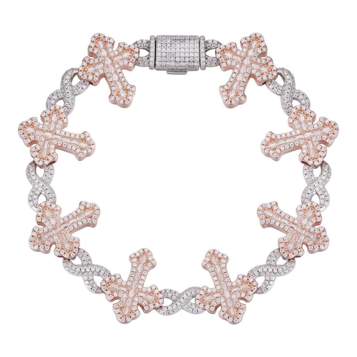 MOISSANITE Eternity Gothic Cross Link Bracelet Iced Out - 14k Rose Gold Vermeil & 925 Silver - 20mm - 6.25"-8.25"