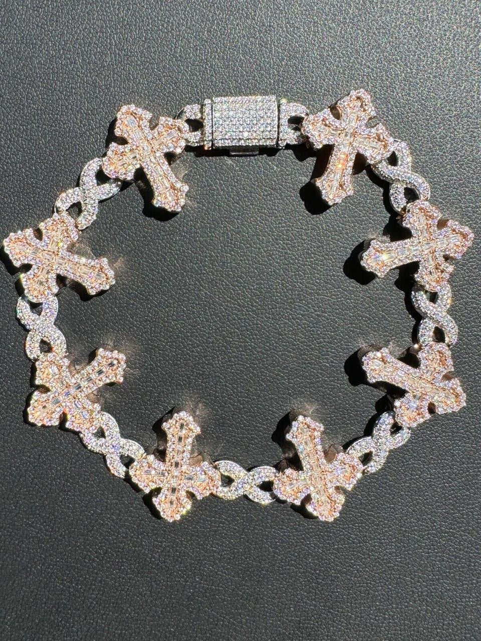 MOISSANITE Eternity Gothic Cross Link Bracelet Iced Out - 14k Rose Gold Vermeil & 925 Silver - 20mm - 6.25"-8.25"