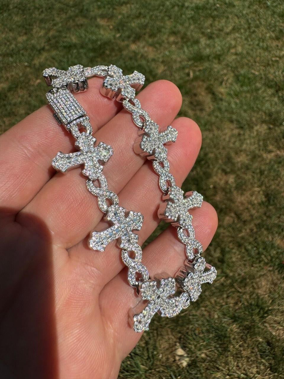 MOISSANITE Eternity Gothic Cross Link Bracelet Iced Out - 925 Silver - 20mm - 6.25"-8.25"