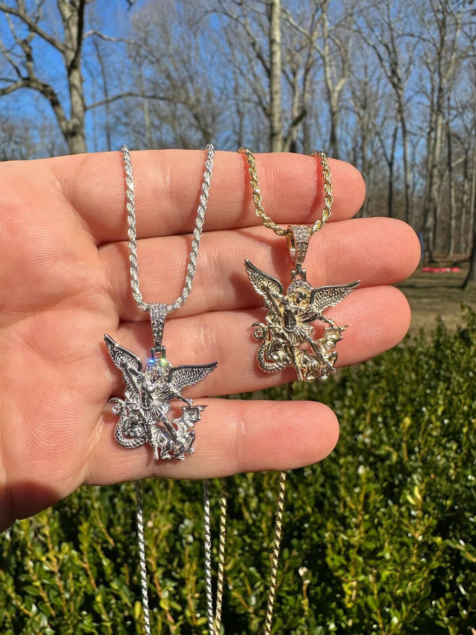 0.17ct Real DIAMOND Saint Michael Archangel Slaying Dragon Pendant - 14k Yellow Gold Vermeil Or 925 Silver - Small 1.33"