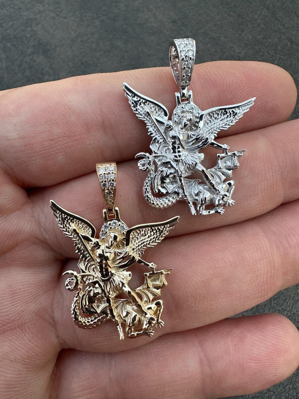 0.17ct Real DIAMOND Saint Michael Archangel Slaying Dragon Pendant - 14k Yellow Gold Vermeil Or 925 Silver - Small 1.33"