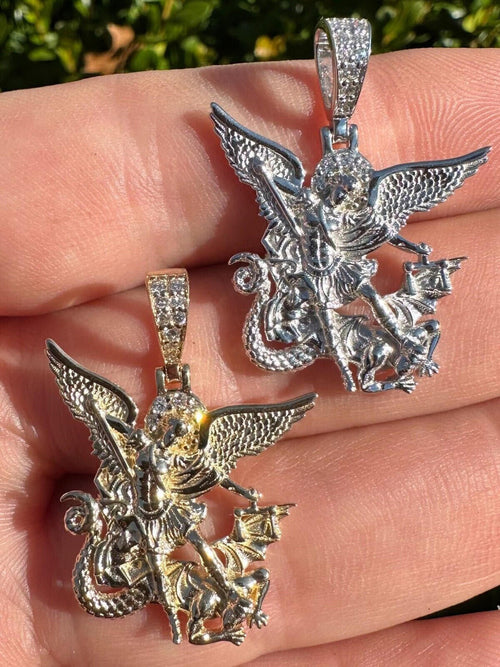 0.17ct Real DIAMOND Saint Michael Archangel Slaying Dragon Pendant - 14k Yellow Gold Vermeil Or 925 Silver - Small 1.33"