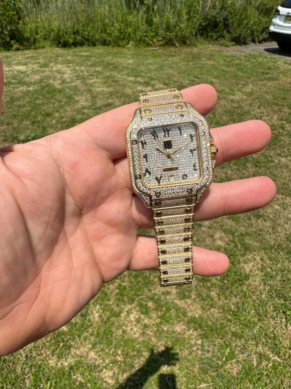 Real MOISSANITE Hip Hop Watch Fully Iced Mens Automatic Movement Gold Arabic