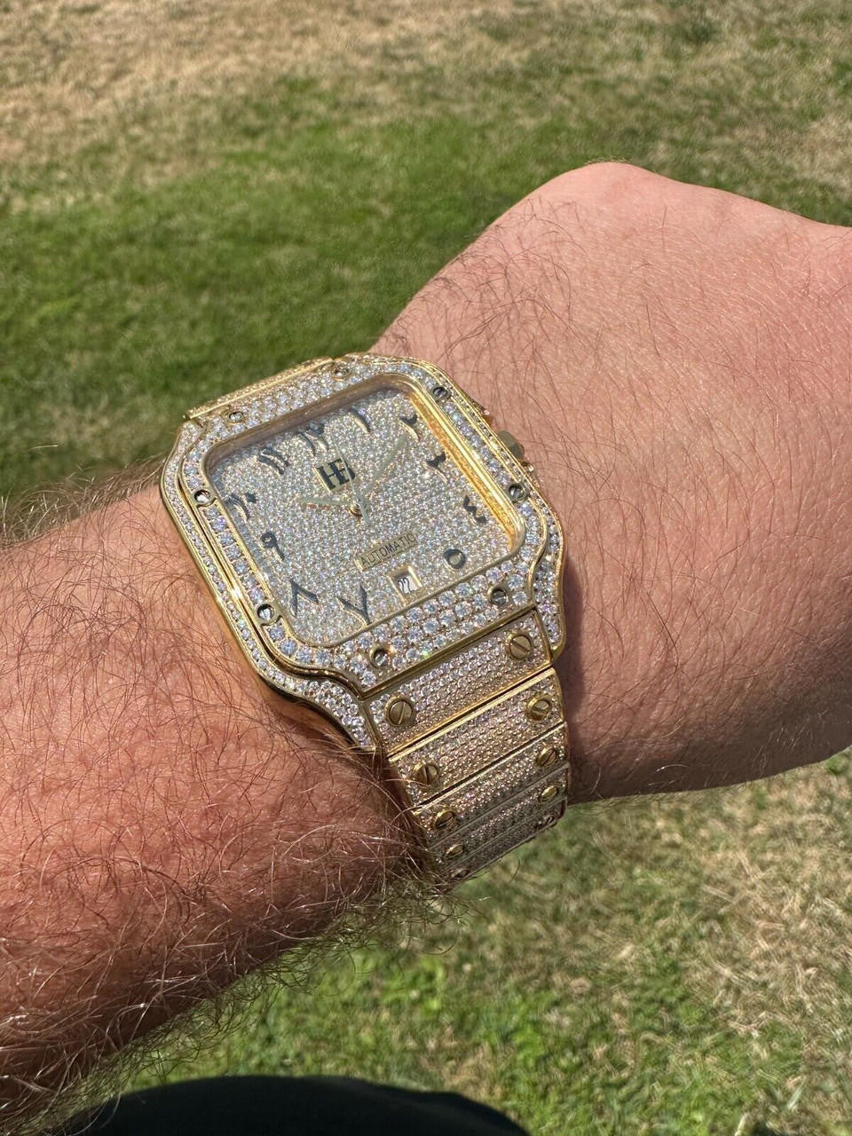 Real MOISSANITE Hip Hop Watch Fully Iced Mens Automatic Movement Gold Arabic