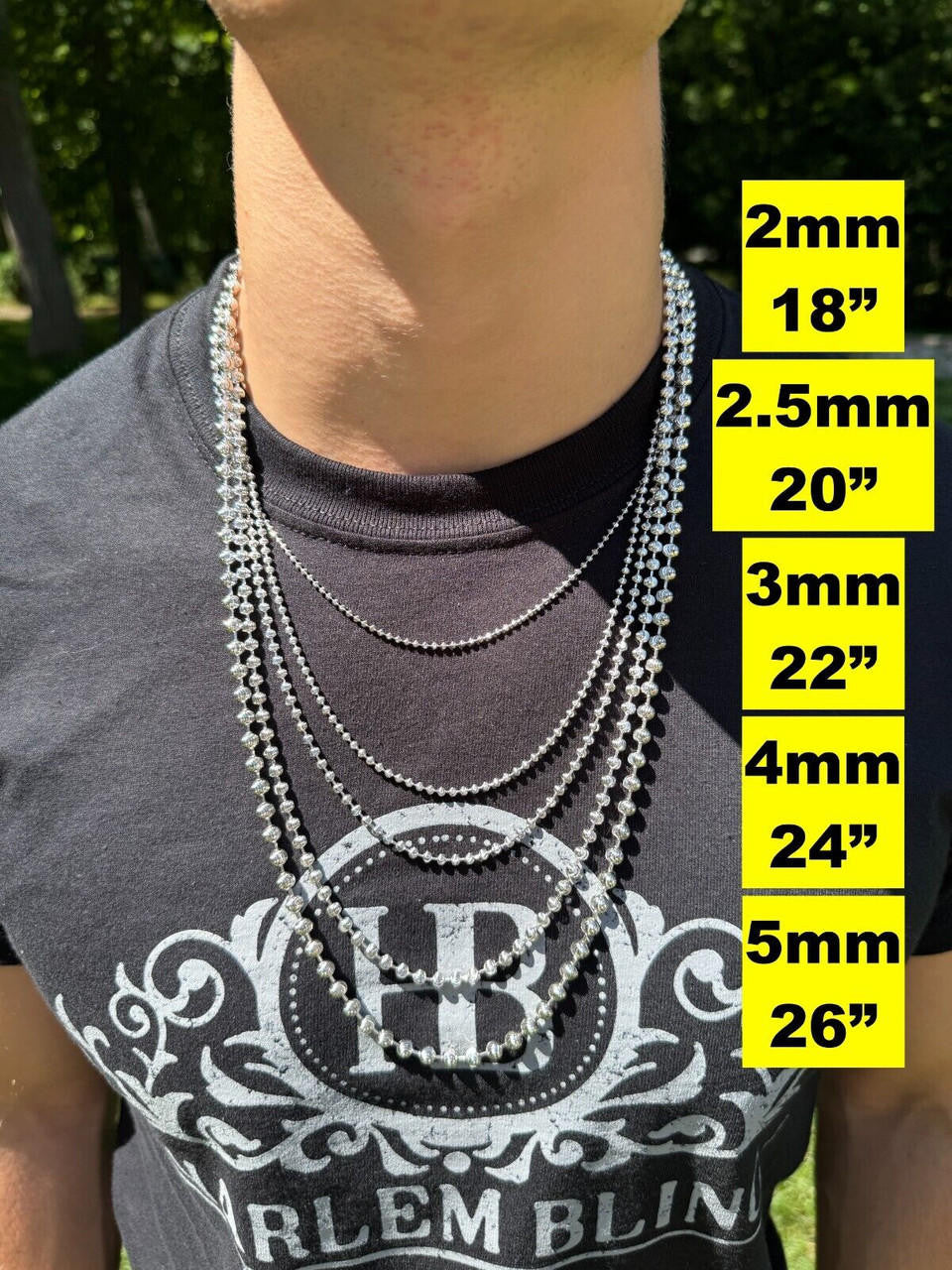 Ball Bead Moon Cut "Dog Tag" Chain Necklace - Rhodium Finish 925 Sterling Silver - 16"-30" - 2mm-5mm