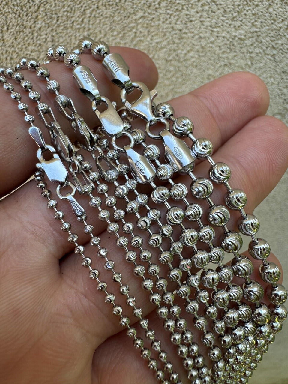 Ball Bead Moon Cut "Dog Tag" Chain Necklace - Rhodium Finish 925 Sterling Silver - 16"-30" - 2mm-5mm