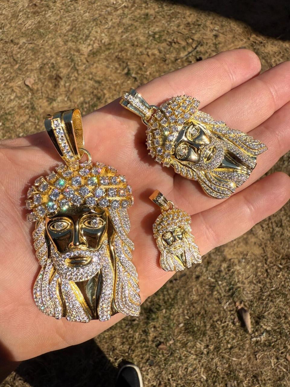 MOISSANITE Tito Biggie Smalls Kufi Jesus Piece Pendant - 14k Gold Vermeil 925 Silver - 3 Sizes 1"-2.5"