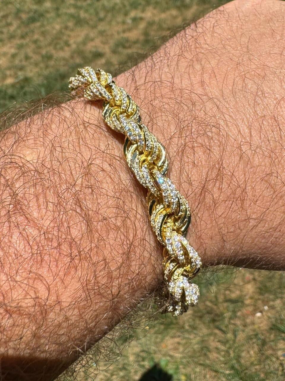 Rope Bracelet Iced Out CZ Stones - 14k Gold Vermeil 925 Silver - 9mm - 7.5"-8.5"