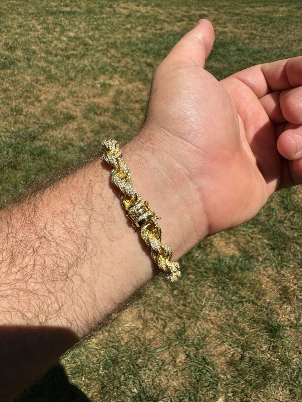 Rope Bracelet Iced Out CZ Stones - 14k Gold Vermeil 925 Silver - 9mm - 7.5"-8.5"