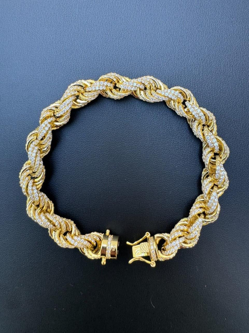 Rope Bracelet Iced Out CZ Stones - 14k Gold Vermeil 925 Silver - 9mm - 7.5"-8.5"
