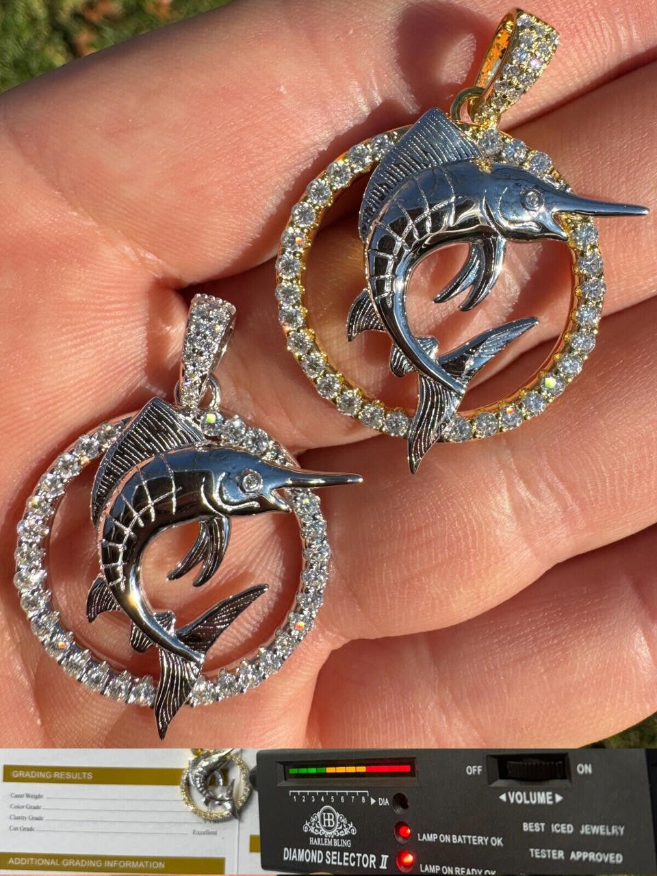 MOISSANITE Swordfish Marlin Iced Out Pendant - 14k Gold Vermeil Or 925 Silver - Small 1.25"