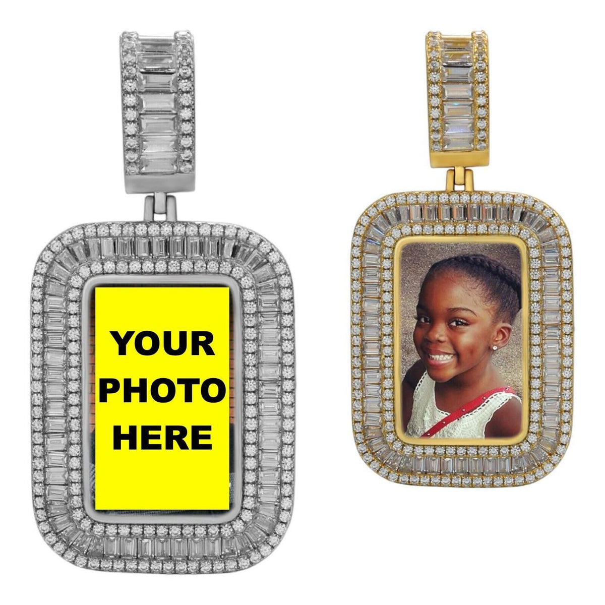 MOISSANITE Custom Photo Memory Pendant Baguette Dog Tag - 14k Yellow/Rose Gold Vermeil Or 925 Silver - Medium 2"