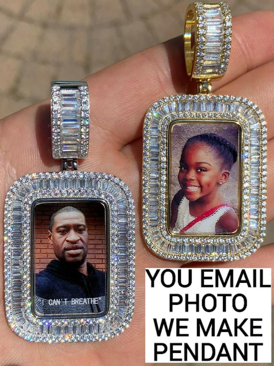 MOISSANITE Custom Photo Memory Pendant Baguette Dog Tag - 14k Yellow/Rose Gold Vermeil Or 925 Silver - Medium 2"
