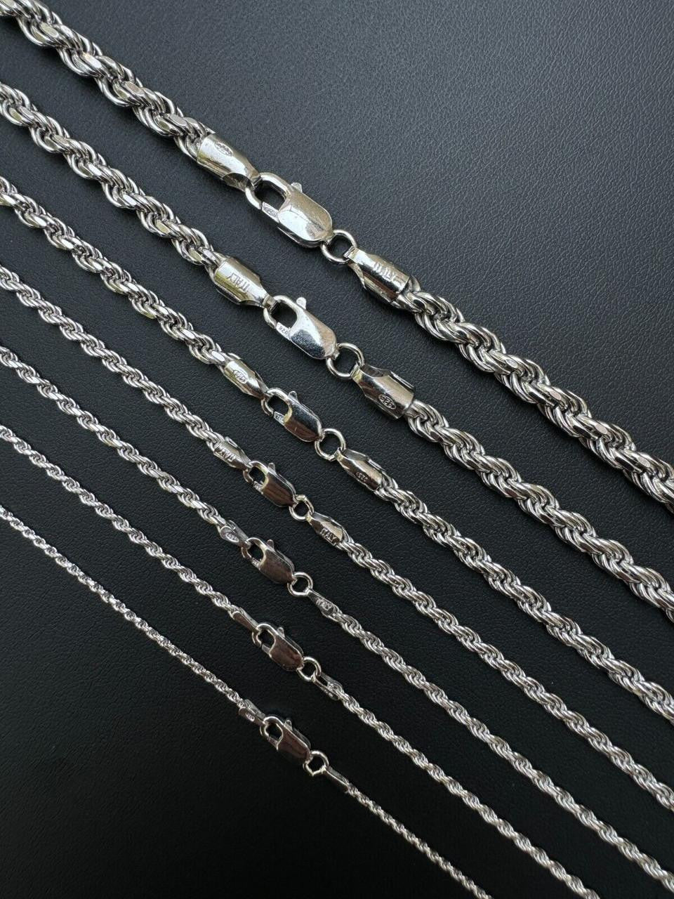Rope Chain Necklace -  Rhodium Finish 925 Sterling Silver - 16"-30" - 1.5mm-6mm