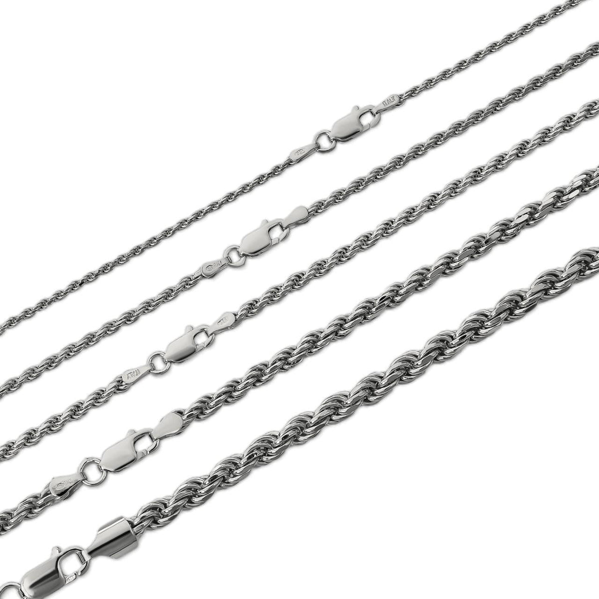 Rope Chain Necklace -  Rhodium Finish 925 Sterling Silver - 16"-30" - 1.5mm-6mm