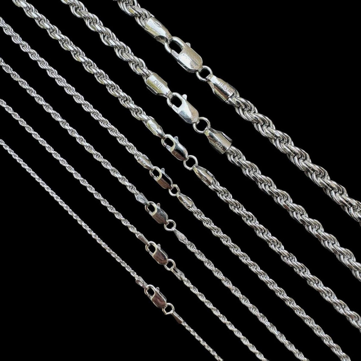 Rope Chain Necklace -  Rhodium Finish 925 Sterling Silver - 16"-30" - 1.5mm-6mm
