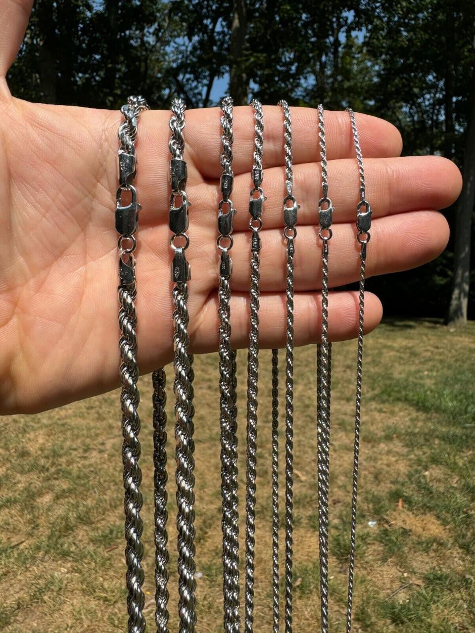 Rope Chain Necklace -  Rhodium Finish 925 Sterling Silver - 16"-30" - 1.5mm-6mm