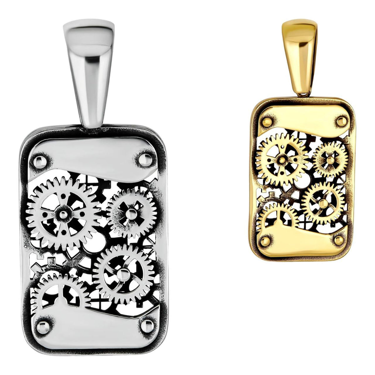 Steampunk Gears Dog Tag Pendant - 14k Gold Vermeil Or Oxidized 925 Silver - Medium 2"
