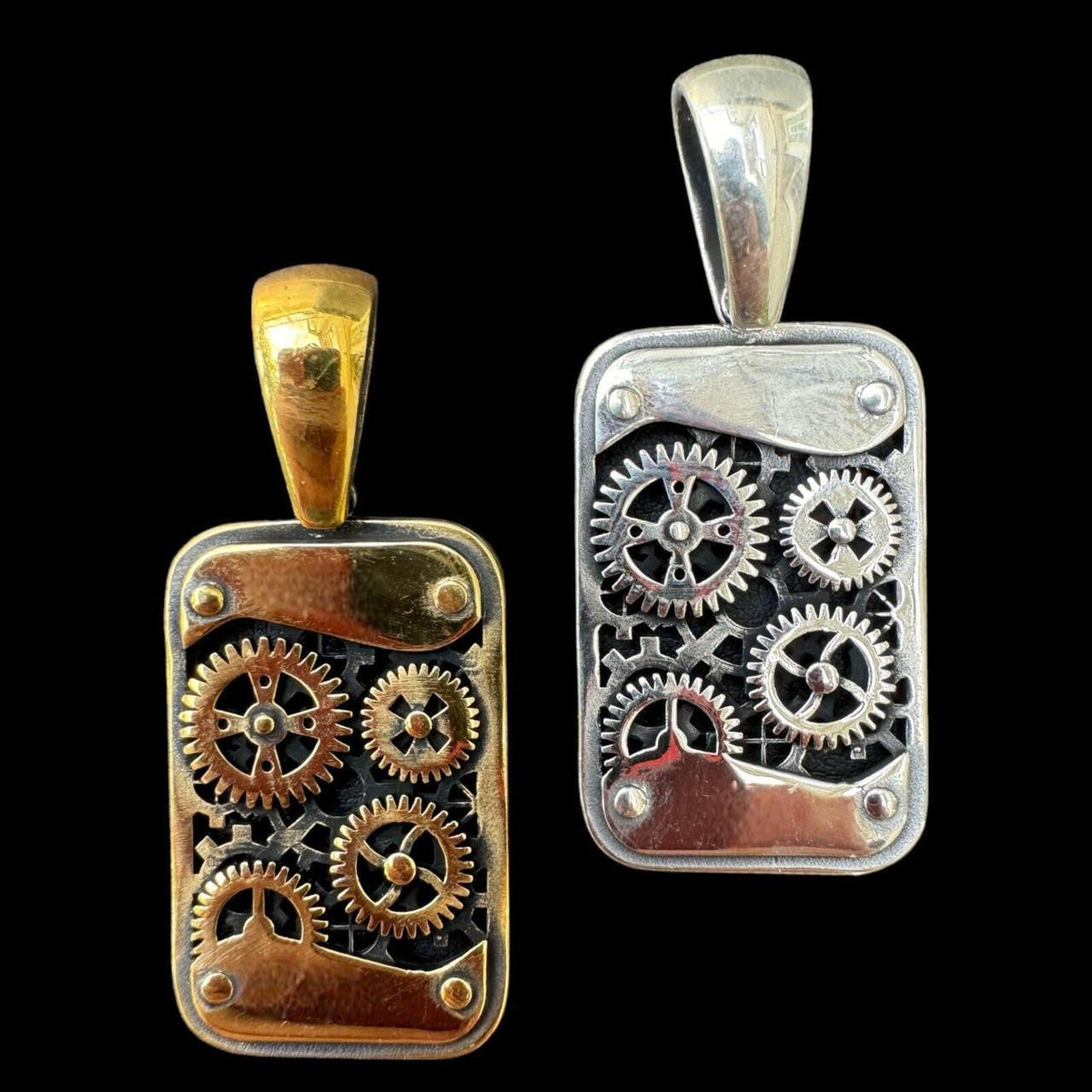 Steampunk Gears Dog Tag Pendant - 14k Gold Vermeil Or Oxidized 925 Silver - Medium 2"