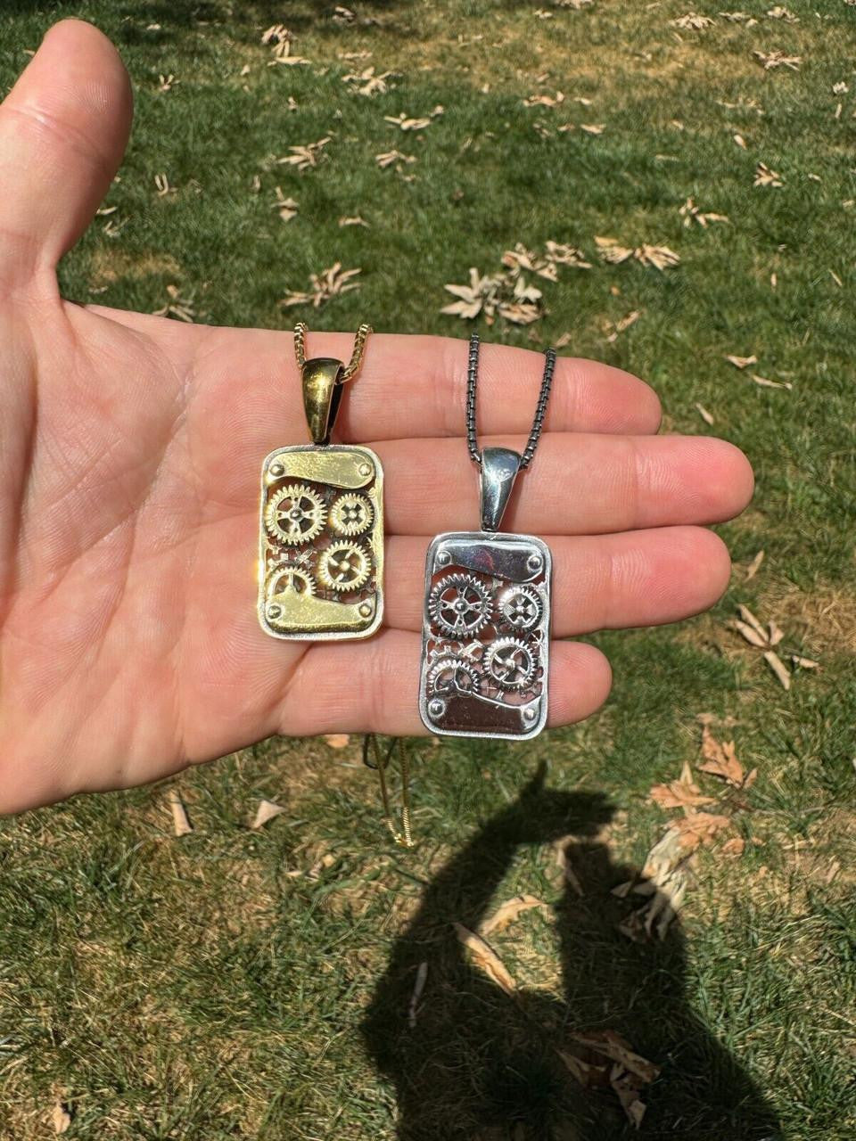 Steampunk Gears Dog Tag Pendant - 14k Gold Vermeil Or Oxidized 925 Silver - Medium 2"