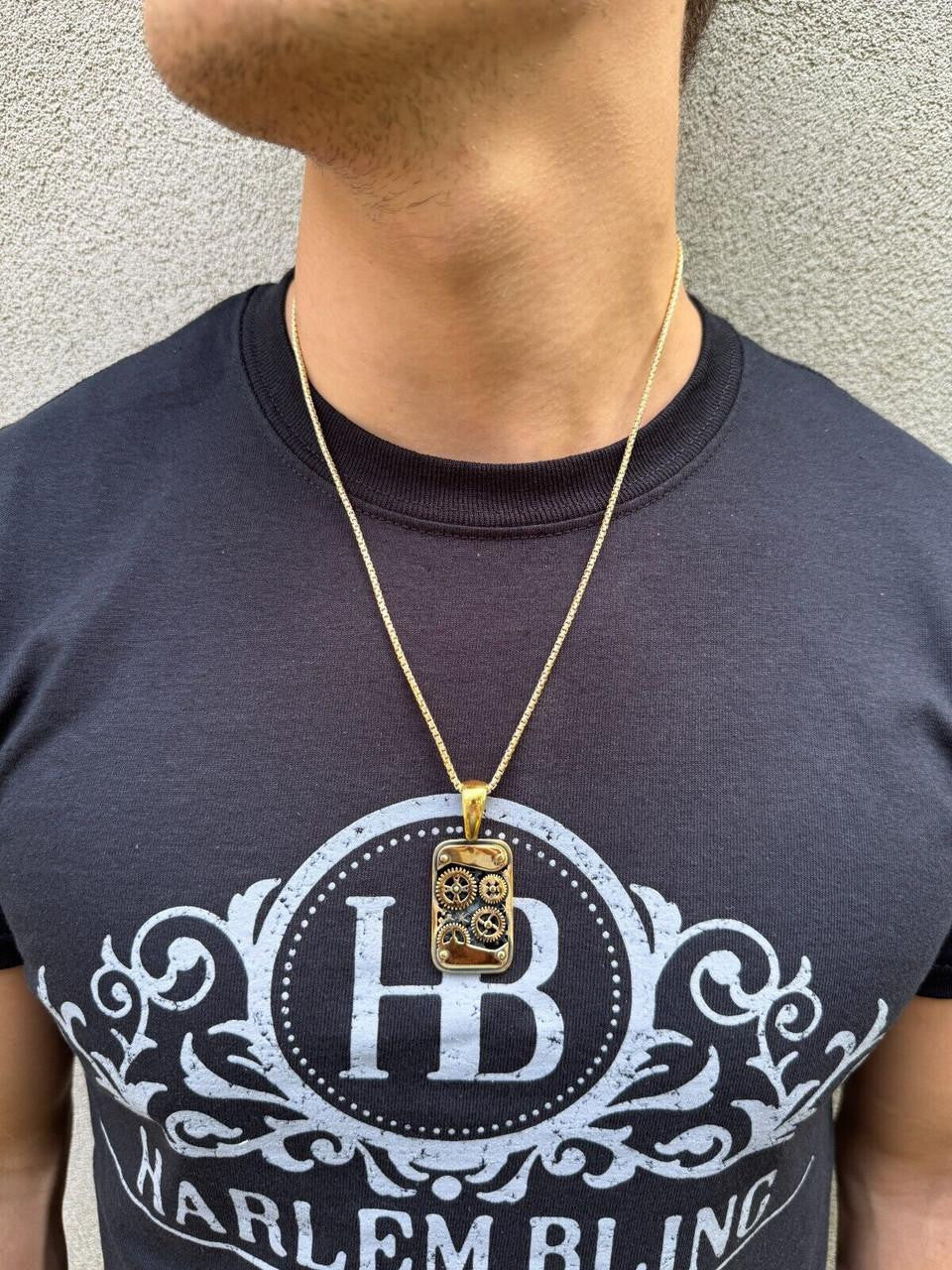 Steampunk Gears Dog Tag Pendant - 14k Gold Vermeil Or Oxidized 925 Silver - Medium 2"